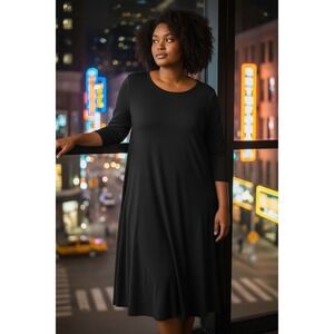 Eileen Fisher Dress Women XL Black Rayon Jersey 1/2 Sleeve A-Line Scoop Neck